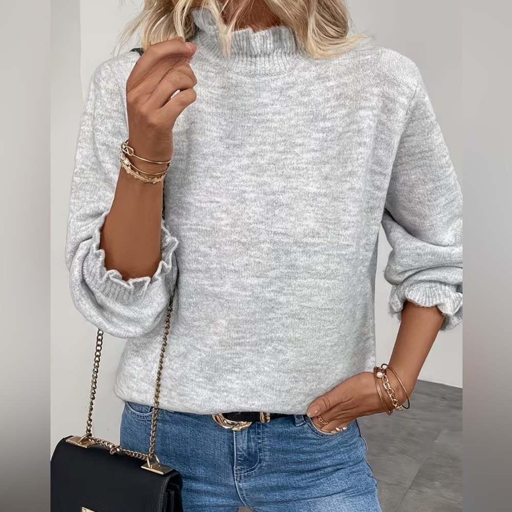 Gray Ruffle Cuff Mock Neck Sweater Soft Lightweight Casual Large NEW